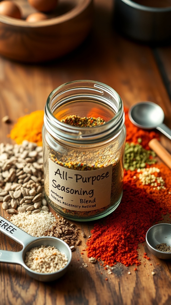 21 Day Fix All-Purpose Seasoning Recipe A jar of homemade all-purpose seasoning blend with spices on a wooden countertop.